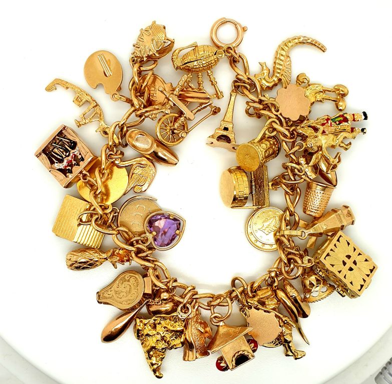  18ct Yellow Gold Charm Bracelet  36 Charms in 18ct 14ct and 9ct 94.5g (22076)